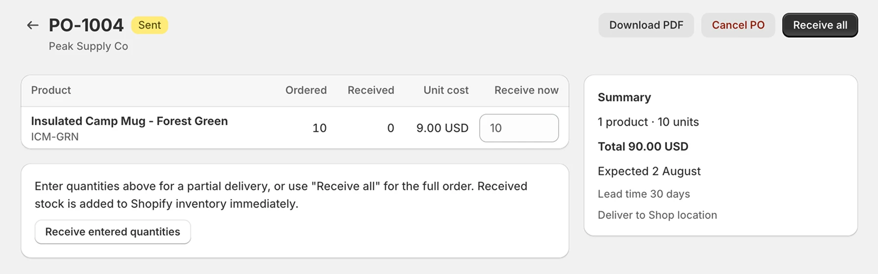 A Proviand purchase order inside the Shopify admin, with Receive all and a field to receive a partial delivery