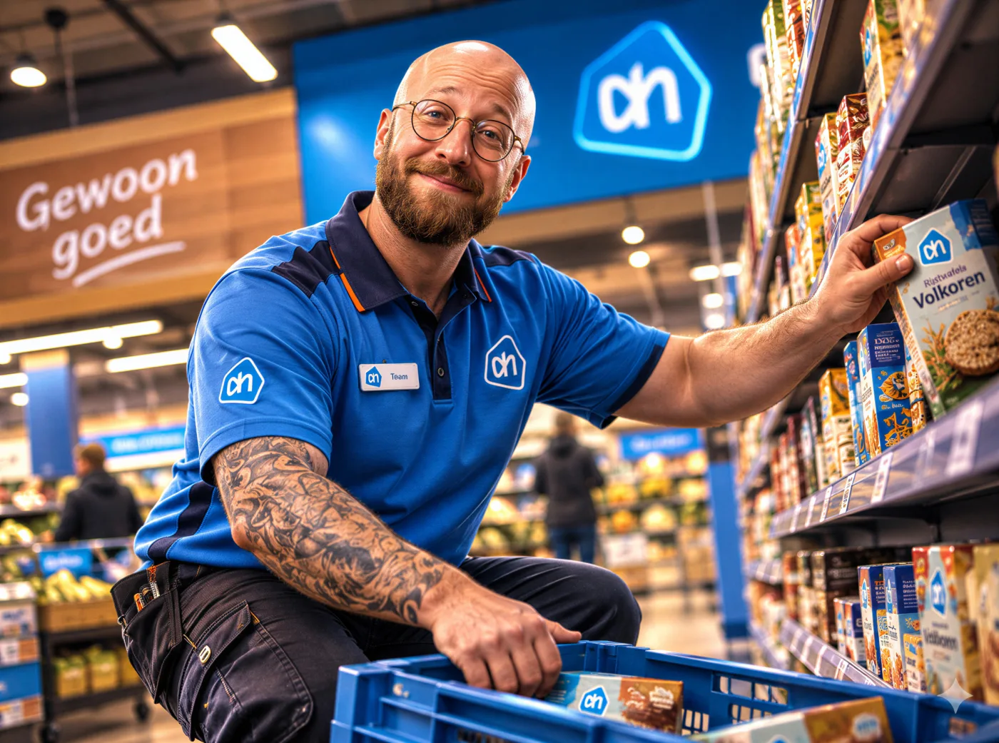 AI-generated picture of Philip as an Albert Heijn shelf stacker, smiling into the camera while restocking rice cakes from a blue crate